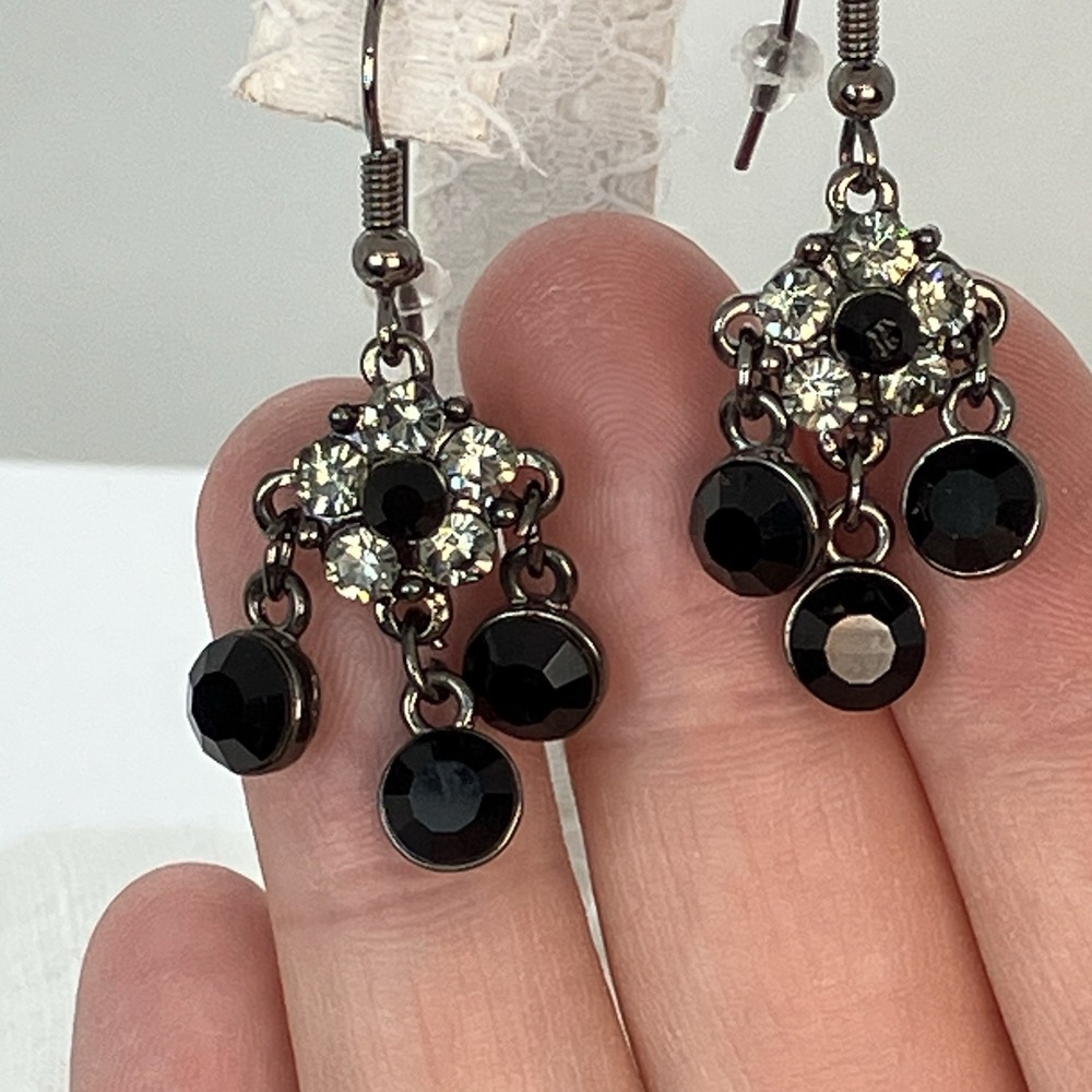 Coquette Goth Black Rhinestone Flower Dangle Earrings Gunmetal Pierced